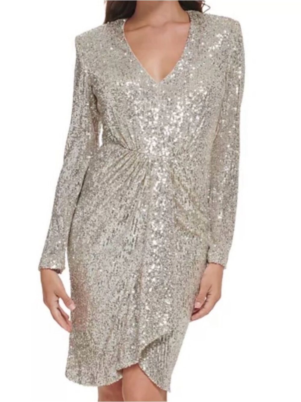 Calvin Klein Champagne Sequin V-Neck Long Sleeve Dress, Size 16